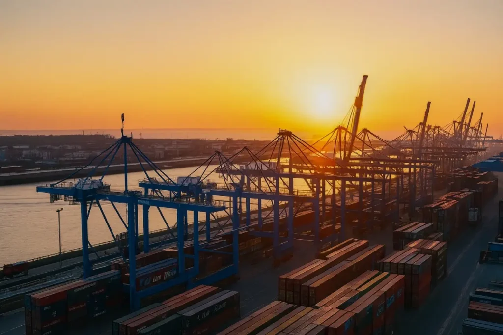 Importing from China illustration showing international trade and the supply chain managed by VTK Global Supply