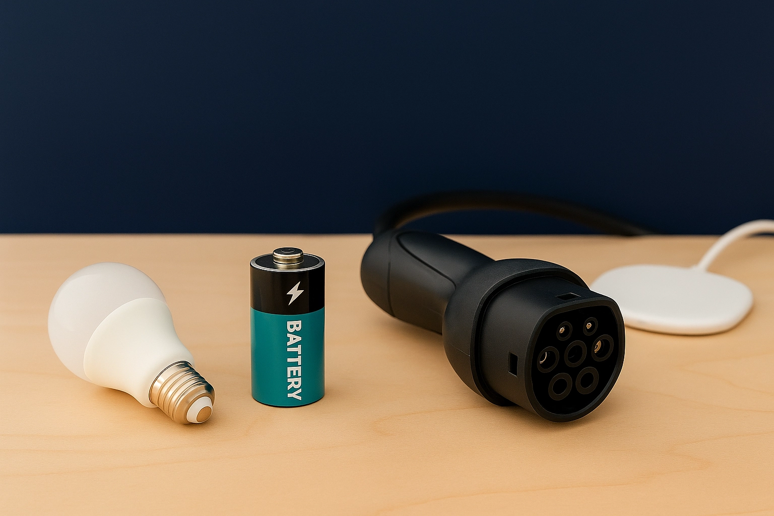 LED bulb, battery and charging cable illustrating VTK Global Supply’s Energy & Mobility sector