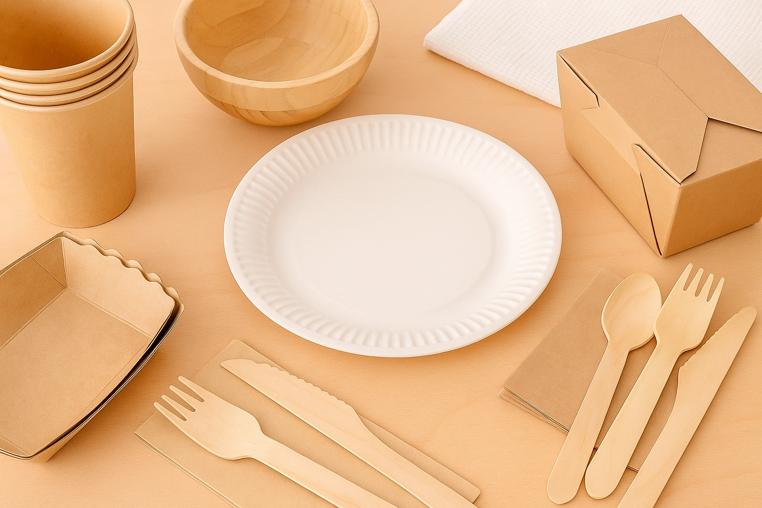 Eco-friendly disposable tableware and sustainable utensils illustrating VTK Global Supply’s Foodservice & HoReCa sector