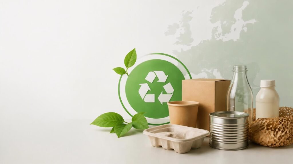 Divers types d'emballages durables, tels que des boîtes en carton, des gobelets en papier, des bouteilles en verre, des boîtes de conserve et des plateaux en pulpe moulée, disposés autour d'un grand logo de recyclage vert décoré de feuilles, avec une carte de l'Europe en arrière-plan.