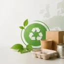 Divers types d'emballages durables, tels que des boîtes en carton, des gobelets en papier, des bouteilles en verre, des boîtes de conserve et des plateaux en pulpe moulée, disposés autour d'un grand logo de recyclage vert décoré de feuilles, avec une carte de l'Europe en arrière-plan.